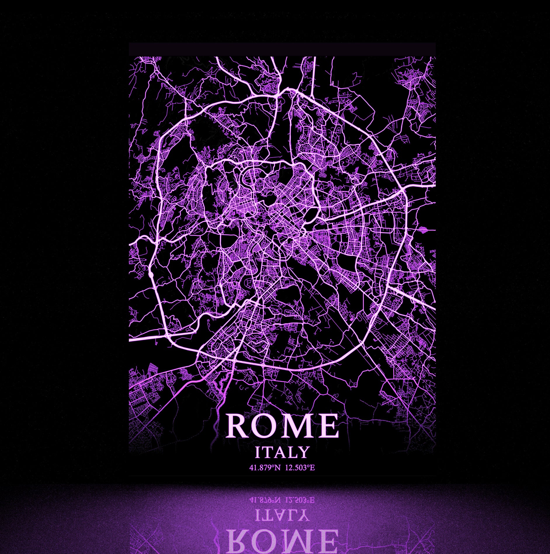 City map of Rome glowing in the dark with a purple glow.