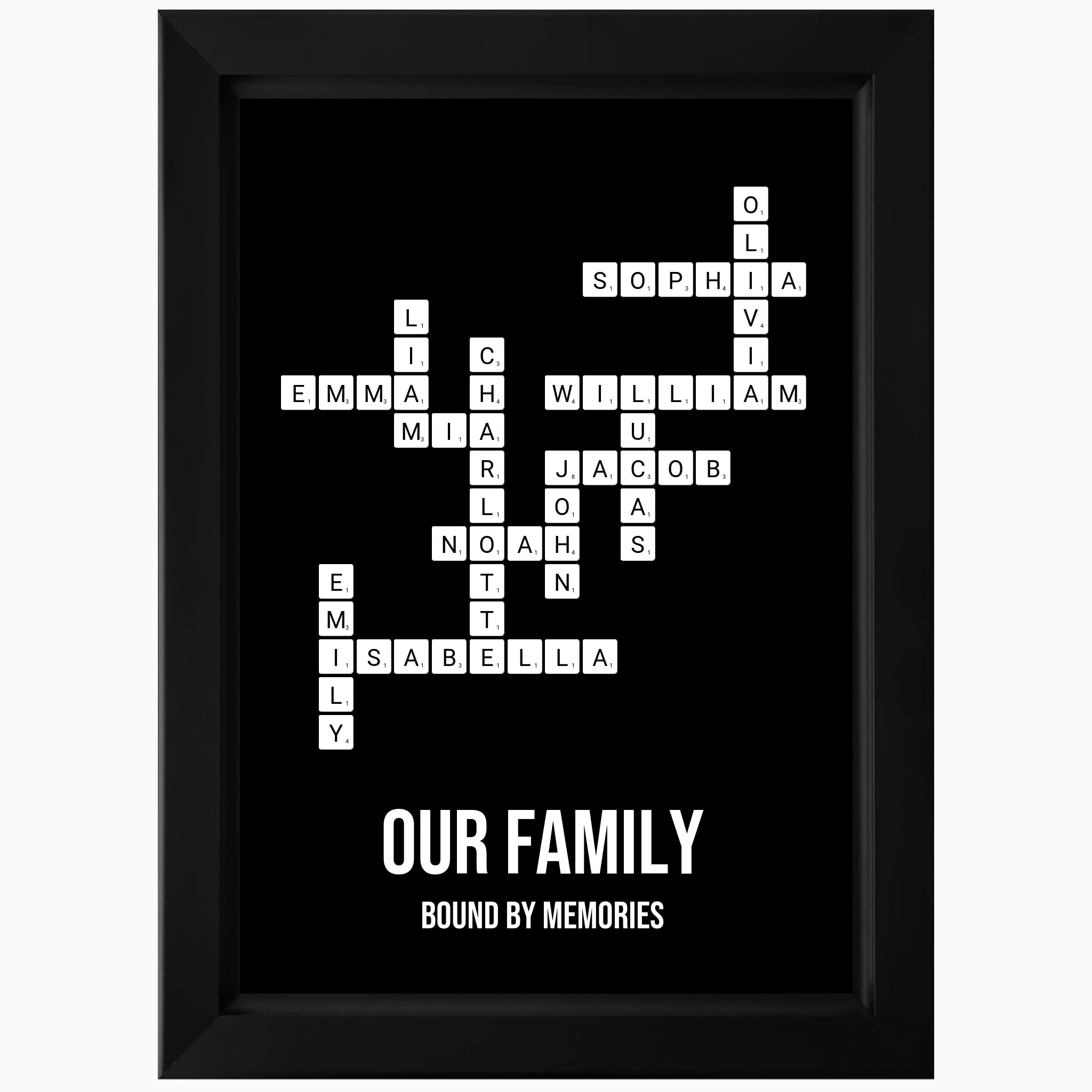 Personalised LED crossword wall art in black frame