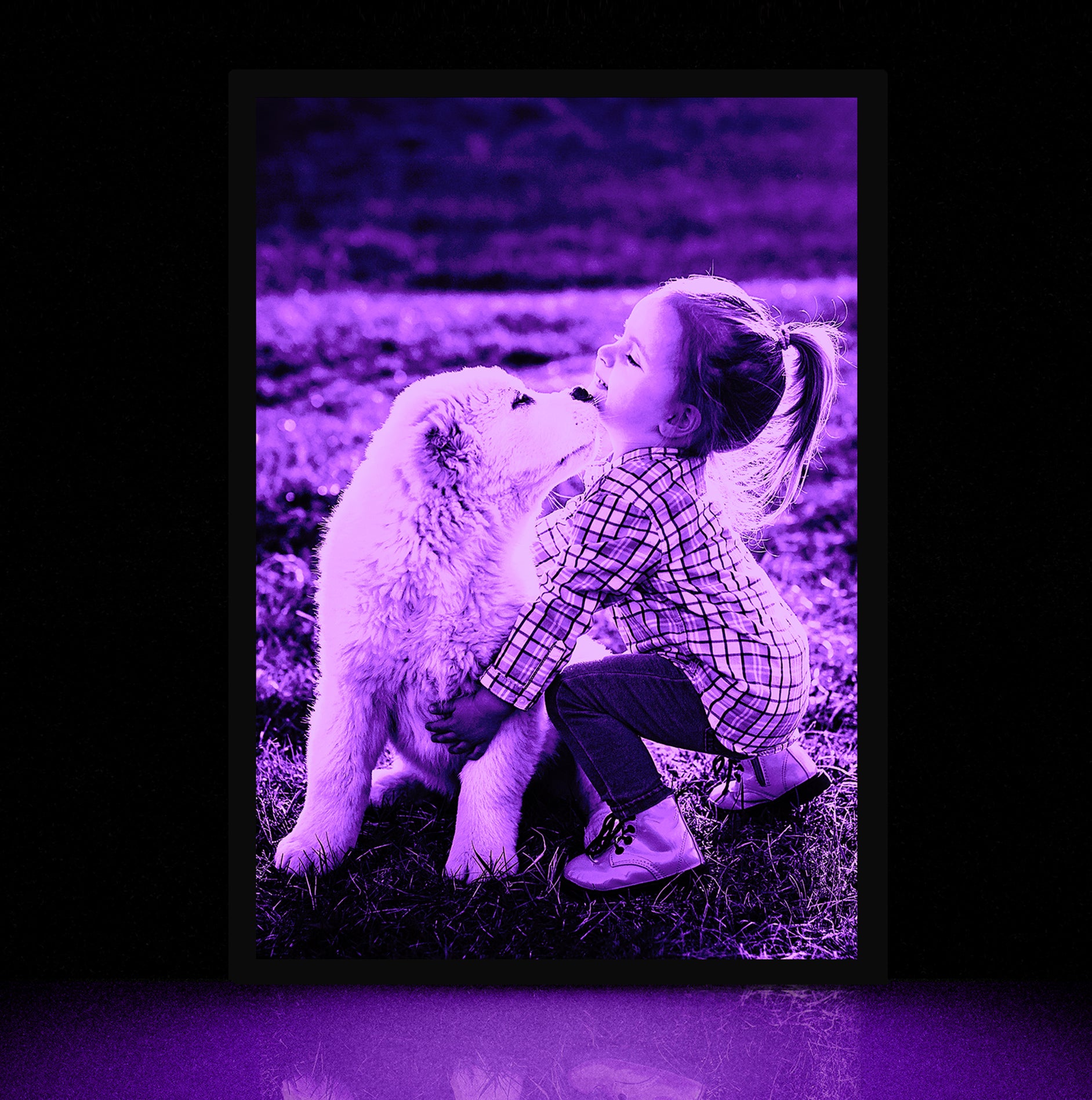 Personalized photo glowing in the dark with a purple glow.