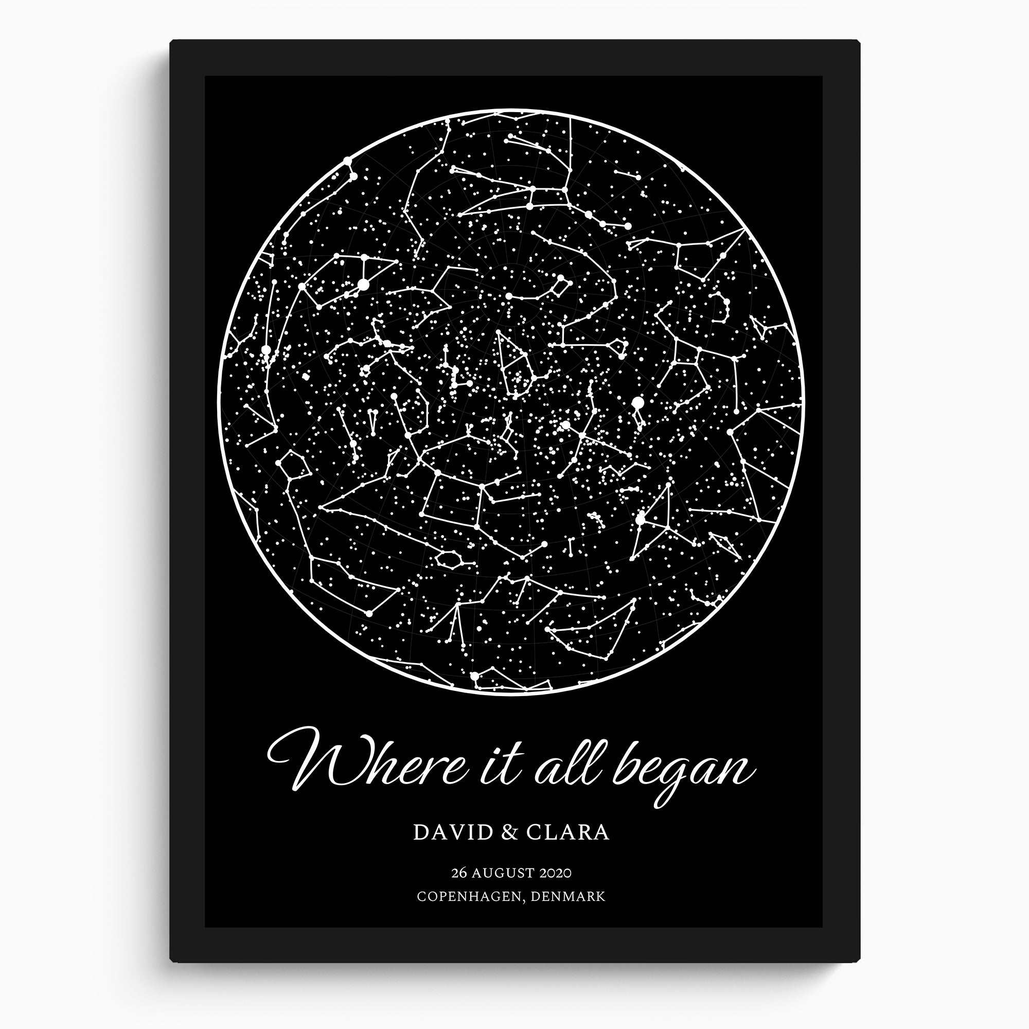 Personalized star map in daylight, framed and ready for display.