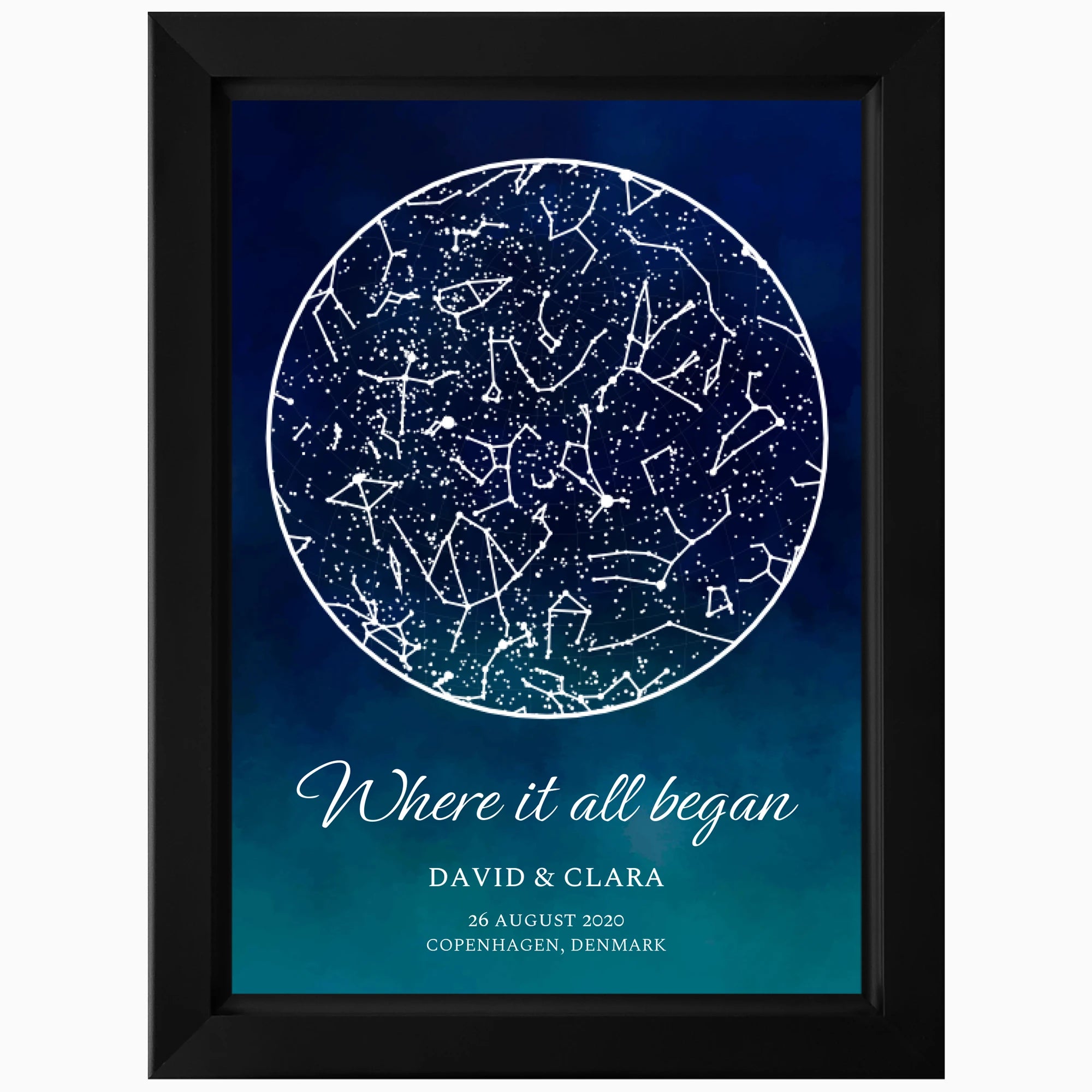 Personalised LED star map wall art in black frame