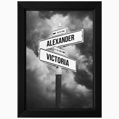 Personalised LED street sign wall art in black frame